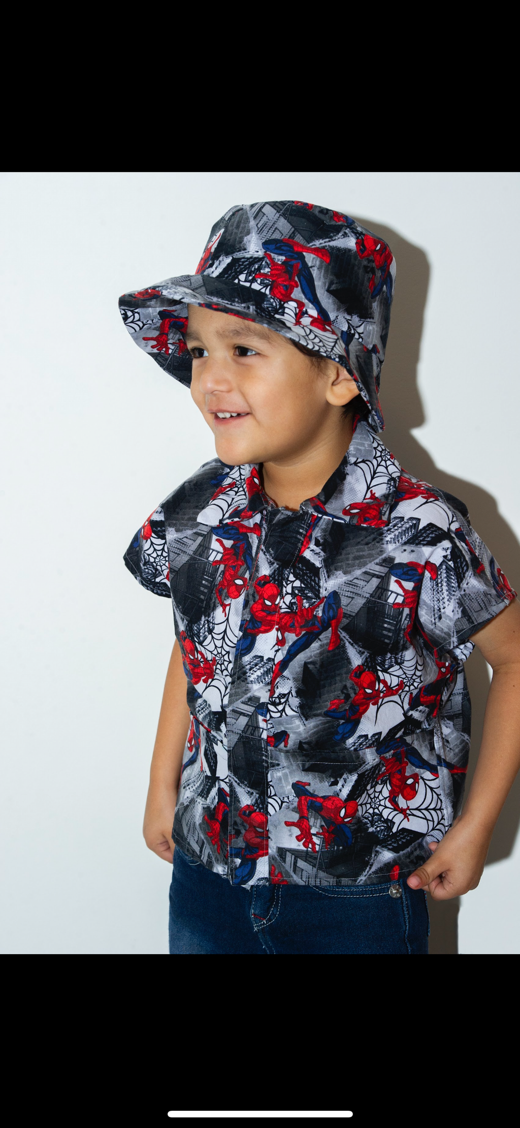Handmade Superhero Web Hero Kids Button-Up Shirt with matching hat