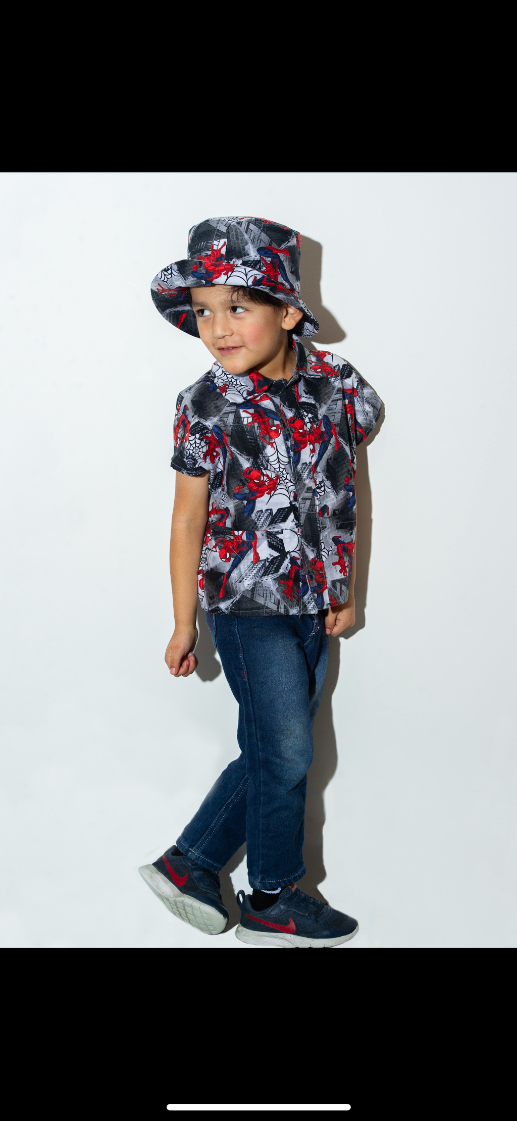 Handmade Superhero Web Hero Kids Button-Up Shirt with matching hat