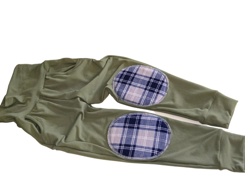 Olive Green Reinforced Knee Pants with Plaid Patches