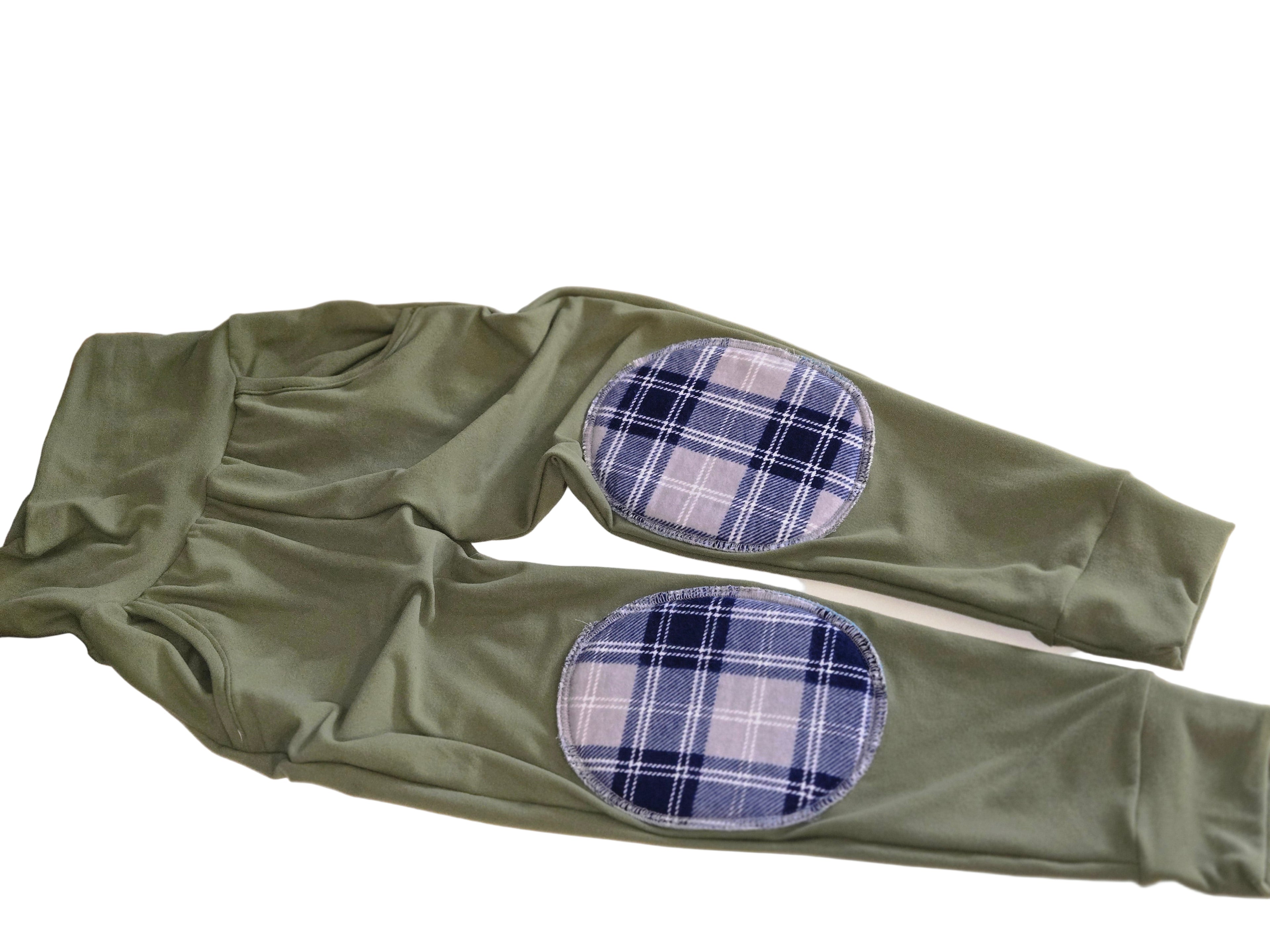 Olive Green Reinforced Knee Pants with Plaid Patches