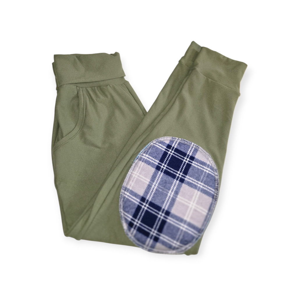 Olive Green Reinforced Knee Pants with Plaid Patches