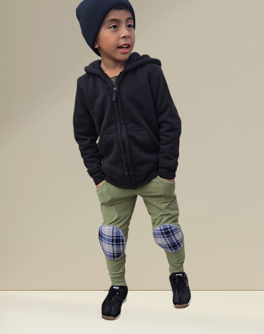 Olive Green Reinforced Knee Pants with Plaid Patches