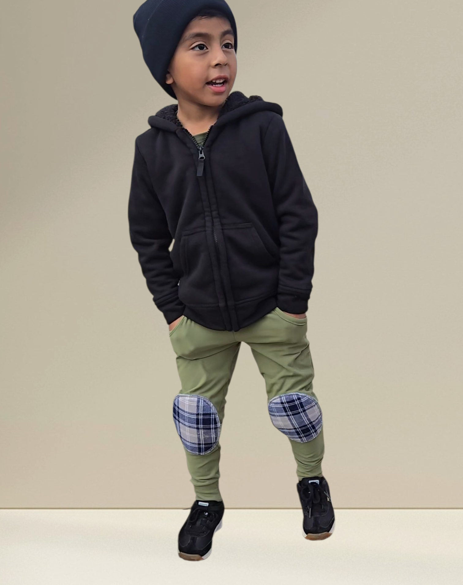 Olive Green Reinforced Knee Pants with Plaid Patches