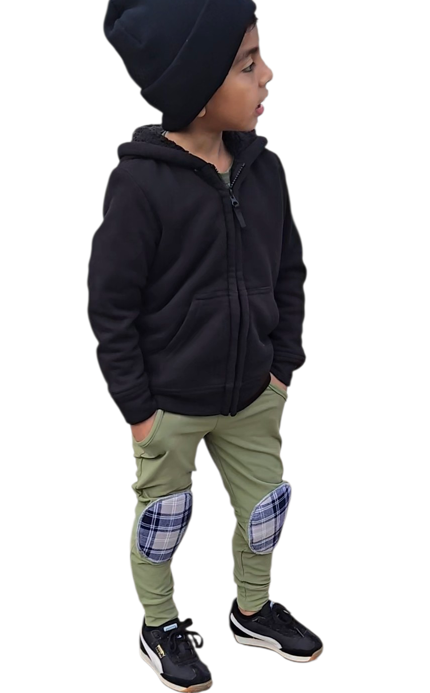 Olive Green Reinforced Knee Pants with Plaid Patches