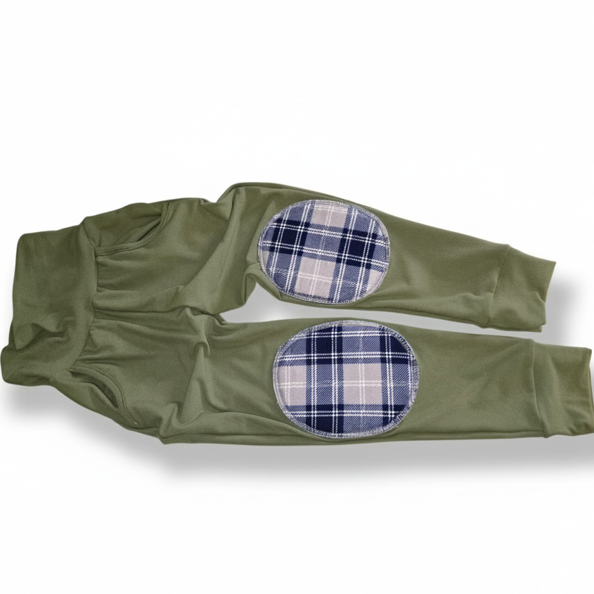 Olive Green Reinforced Knee Pants with Plaid Patches
